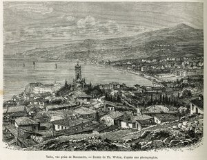 Staden Jalta, hämtad från Massandra, teckning av Th.Weber, för att illustrera berättelsen Fyra månader i Ryssland, 1876, av F. De Mely. Gravyr i Le tour du monde av Theodore Weber