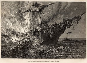 Elden från Cospatrick, ett brittiskt fartyg som fraktade mer än 400 emigranter till Nya Zeeland, den 19 november 1874, graverad efter en teckning av T. Weber, som illustrerar studiet av stormar och resor, av Mr. Zurcher och Mr. Margolle, i 1870-1874, publi