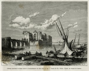 Sjöborgen Sidon före bombardementet 1840. Gravyr av Th. Weber, för att illustrera berättelsen La Syria d