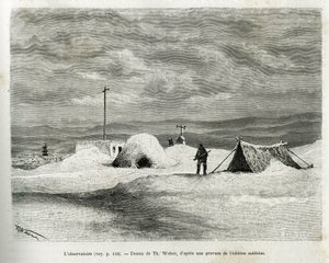 Det meteorologiska observatoriet installerades i bukten Koljutschin (polcirkeln), medan fartyget La Vega fångades i isen och besättningen förberedde sig för övervintring. Gravyr av Th.Weber, för att illustrera berättelsen "" resan av Vega runt Asien a av Theodore Weber