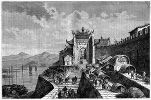 Utsikt över Shanghai-porten vid Huangpu-floden, Kina under åren 1870-1880. Gravyr efter en teckning av Weber, i "Le Tour du Monde, Nouveau journal des Voyages", redigerad av Edouard Charton, Paris