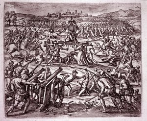 En dominikanmunk, som känner sig hånad av inkakungen Atahualpa (Atabaliba), uppmuntrar Francisco Pizarro att hämnas (gravyr av Theodore de Bry