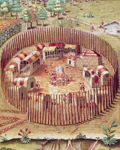 En Pomeiok indisk befäst by, Illustration från Admiranda Narratio, av Theodore De Bry av Theodore de Bry