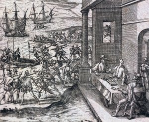 Avtal mellan Francisco Pizarro, Diego de Almagro och Hernando de Luque om att utforska och exploatera Peru av Theodore de Bry