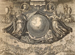 Allegori över Västindien eller Amerika, med porträtt av navigatörerna Christopher Columbus och Amerigo Vespucci av Theodore de Bry