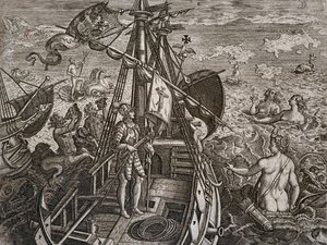 Allegori om Christopher Columbus resa till upptäckten av den nya världen, gravyr av Theodor de Bry (1528-1598) av Theodore de Bry