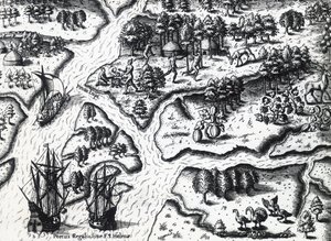 Fransmans ankomst till Port Royal 1564, av Theodor de Bry (1528-1598) från målning av Jacques le Moyne de Morgues (ca 1533-före 1588), gravyr av Theodore de Bry