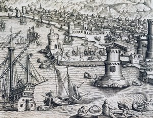 Ankomst av Girolamo Benzoni i hamnen i La Palma, gravyr från Historia Americae, av Theodor de Bry (1528-1598), Frankfurt av Theodore de Bry
