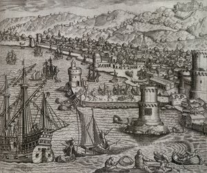 Ankomst av Girolamo Benzoni i hamnen i Las Palmas under hans resa till Amerika (1541), Kanarieöarna, gravyr av Theodor de Bry (1528-1598) av Theodore de Bry