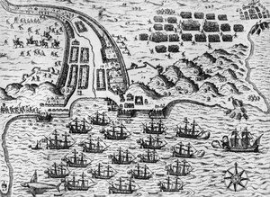 Attack mot Santiago den 27 november 1585 (gravyr) av Theodore de Bry