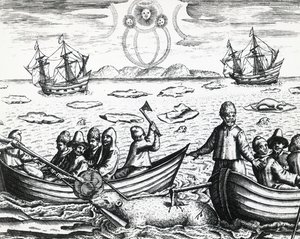 Aurora borealis och vitbjörnsjakt under tredje expedition ledd av William Barents (ca 1550-1597) på jakt efter nordostpassagen 1596, av Theodor de Bry (1528-1598), gravyr av Theodore de Bry