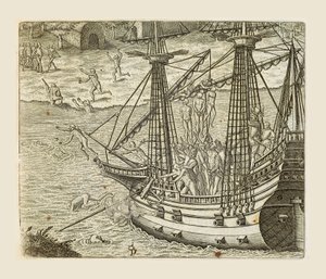 O Bartolomeo Diaz o lo o tautau nisi o Initia i luga o le karavel, na vaneina e Theodor de Bry (1528-1598) mai Amerika av Theodore de Bry