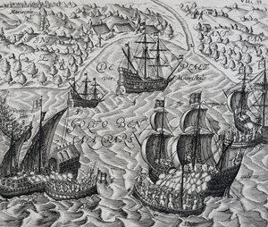 Strid framför staden Matical i Bengaliska viken, gravyr från Indiae Orientalis, av Theodor de Bry (1528-1598) av Theodore de Bry