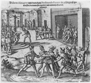 Tillfångatagande, rättegång och avrättning av Diego de Almagro på order av Francisco Pizarro av Theodore de Bry