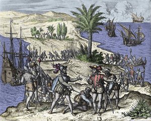 Christopher Columbus och hans bror arresterades av Francisco de Bobadilla år 1500. Gravyr av Théodore de Bry (1528-1598). av Theodore de Bry