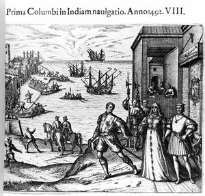 Christopher Columbus och bröderna Pinzon lämnar hamnen i Palos i Spanien den 03/08/1492 för den nya världen. Höger Kungen och drottningen av Portugal katolska Ferdinand II av Aragon och Isabella Iere av Kastilien. Gravyr av Theodore de Bry i "" Admirante av Theodore de Bry