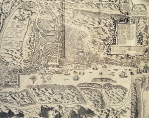 Staden Goa i Indien, gravyr av Theodor de Bry (1528-1598) från Reseskildring av sjömannen Jan Huyghen van Linschotens resa till portugisiska Ostindien 1579-1592), 1500-talet av Theodore de Bry