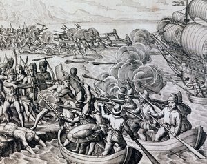 Krock mellan infödda indianer och spanska trupper, gravyr från Historia Americae, av Theodor de Bry (1528-1598), Frankfurt av Theodore de Bry