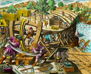 Konstruktion av en båt för den spanske navigatören Vasco Nunez de Balboa (1475-1517) Gravyr från "History of the Americas" av Theodore de Bry (1528-1598) 1500-talet. Privat samling av Theodore de Bry
