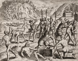 Beskrivning av brott som tillfogats indianer av spanska bosättare - Conquistadorer som massakrerar en indianby. Amputations des mains - Gravyr av Theodore de Bry i "Berättelsen om några av de mest förtjusta indianerna av spanjorerna" av Bartolome d av Theodore de Bry