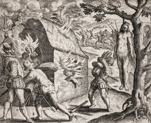 Beskrivning av brott som tillfogats indianer av spanska bosättare - Brand i en indianby av Conquistadorerna. Hanging - Gravyr av Theodore de Bry i "Den sannaste historien om några av de förkrossade spanjorerna" av Bartolome de las Casa av Theodore de Bry