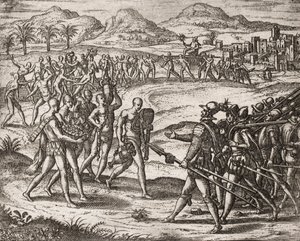 Beskrivning av brott som tillfogats indianer av spanska bosättare - indianer som ger gåvor och guld till conquistadorerna - gravyr av Theodore de Bry i " "Berättelsen om några av de förkrossade spanska spanjorerna av Theodore de Bry