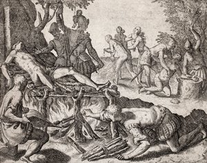 Beskrivning av brott som tillfogats indianer av spanska bosättare - Scen för tortyr av indianer av spanska conquistadorer. Tortyr på en grill, amputation av händer - Gravyr av Theodore de Bry i "" Narratio regionum indicarum per Hispanos quosdam devastatar