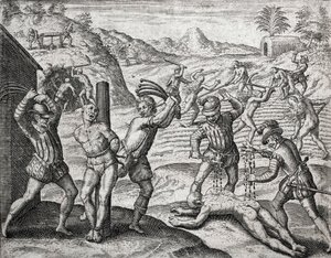 Beskrivning av brott som tillfogats indianer av spanska bosättare - Spanjorer som torterar indianer - Gravyr av Theodore de Bry i "Brevisima Relacion de la Destruction de las Indias"" av Bartolome de las Casas (1484-1566)