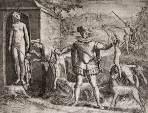 Beskrivning av brott som tillfogats indianer av spanska bosättare - Spanska conquistadorer som massakrerar indiska kvinnor och barn. Hängande. Children jetes aux chiens - Gravyr av Theodore de Bry i "" Narratio regionum indicarum per Hispanos quosdam devas av Theodore de Bry