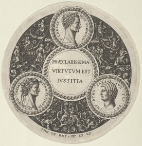 Design för ett fat med porträtt av de romerska kejsarna Caesar, Claudius och Otho, ca...., ca. 1588. av Theodore de Bry