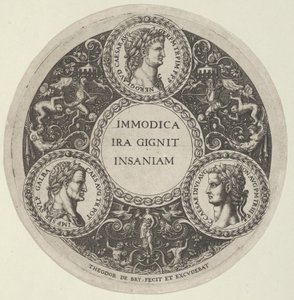 Design för en maträtt med porträtt av de romerska kejsarna Nero, Galba och Caligula, ca. ..., ca. 1588. av Theodore de Bry