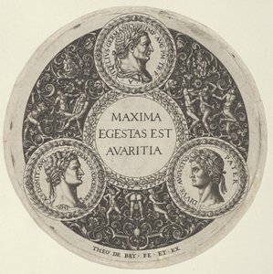 Design för ett fat med porträtt av de romerska kejsarna Vitellius, Domitianus och August..., ca. 1588. av Theodore de Bry