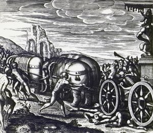 Anhängare som krossas av vagn under procession av idol, av Theodor de Bry (1528-1598), gravyr av Theodore de Bry