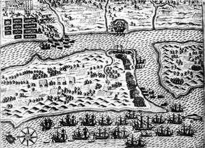 Drake fångar båten "" Saint Augustine "", 1586, av De Bry av Theodore de Bry