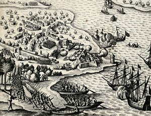 Holländsk expedition längs Moçambiques kust, gravyr från India orientalis av Theodor de Bry (1528-1598) av Theodore de Bry