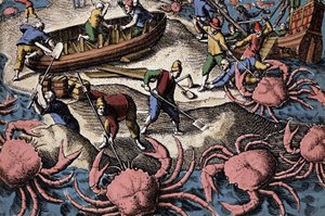 Europeiska navigatörer som slåss mot stor krabba. Gravyr från "Petities voyages aux Indes Orientales" av Theodore de Bry av Theodore de Bry