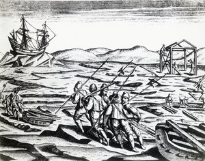 Expedition ledd av William Barents (ca 1550-1597) på jakt efter nordostpassagen, från Peregrinationes, av Theodor de Bry (1528-1598), gravyr av Theodore de Bry