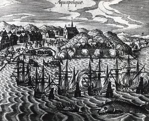Flotta av galjoner i Acapulcos hamn, av Theodor de Bry (1528-1598), gravyr av Theodore de Bry