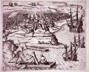 Christopher Columbus fjärde resa på ön Jamaica 1503 (gravyr av Theodore de Bry