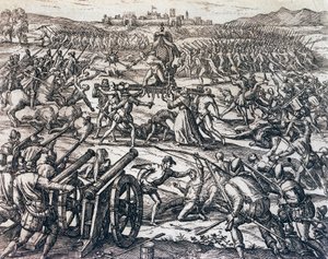 Francisco Pizarros (cirka 1475-1541) trupper som fångar inkakejsaren Atahualpa under slaget vid Cajamarca, 16 november av Theodore de Bry