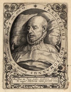 Francois Hotman, på sin dödsbädd av Theodore de Bry