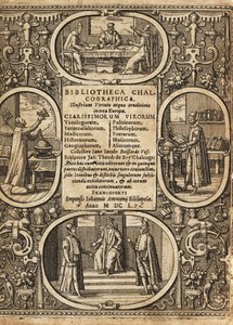 Frontispice med vinjetter av forskare inom gränserna. av Theodore de Bry