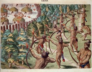 Amerikas historia: "" En indisk stam attackerar en by i Florida på natten"" Gravyr från "" Admirante Narratio Americae"" av Theodore de Bry (1528-1598) av Theodore de Bry