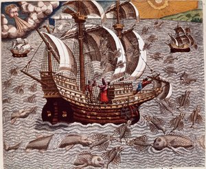 Amerikas historia: "" Resan av spanska karaveller omgiven av flygande fiskar"" Recit av Hans Stadens resor, tysk upptäcktsresande som reste med de spanska flottorna till Brasilien, tillfångatagen av Tupinamba-indianerna. Gravyr från "Americae tertia pars m av Theodore de Bry