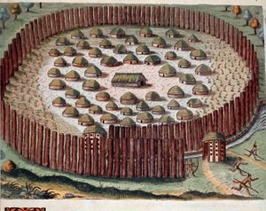 Amerikas historia: "" Representation av en indisk by befäst i Florida"" Gravyr från "" Admirante Narratio Americae"" av Theodore de Bry (1528-1598) av Theodore de Bry