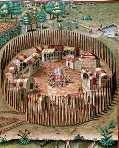 Amerikas historia: "" Representation av den befästa staden Pomeiock eller Pomeiooc i Virginia 1585""" Gravyr från "" Admirante Narratio Americae""" av Theodore de Bry (1528-1598) av Theodore de Bry