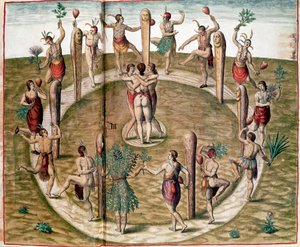 Amerikas historia: "" Rituell dans för att fira vänskap "" Gravyr av Theodore de Bry (1528-1598). Vincennes från 1500-talet, Marinens historiska museum av Theodore de Bry