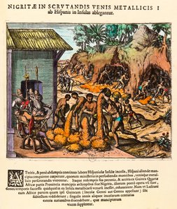 Amerikas historia: Spanjorerna utnyttjar guldgruvor. Indianerna arbetar inför nybyggarnas ögon. Gravyr av Theodore de Bry (1528-1598). 1500-talets privatsamling