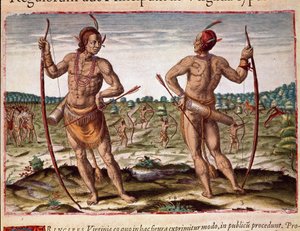 Amerikas historia: "" Two Inhabitants of Virginia, Indian Weapons of Arrows and Bow"" Gravyr från "" Admirante Narratio Americae"" av Theodore de Bry (1528-1598) av Theodore de Bry