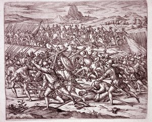 Historia om Amerika: slagsmål mellan arméerna Vaca de Castro och Almagro junior efter Francisco Pizarros och Diego de Almagros död (gravyr av Theodore de Bry